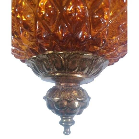 VTG MCM 1960s XL Amber Glass & Brass Pineapple Diamond Quilted Hanging Swag Lamp - Picture 5 of 11